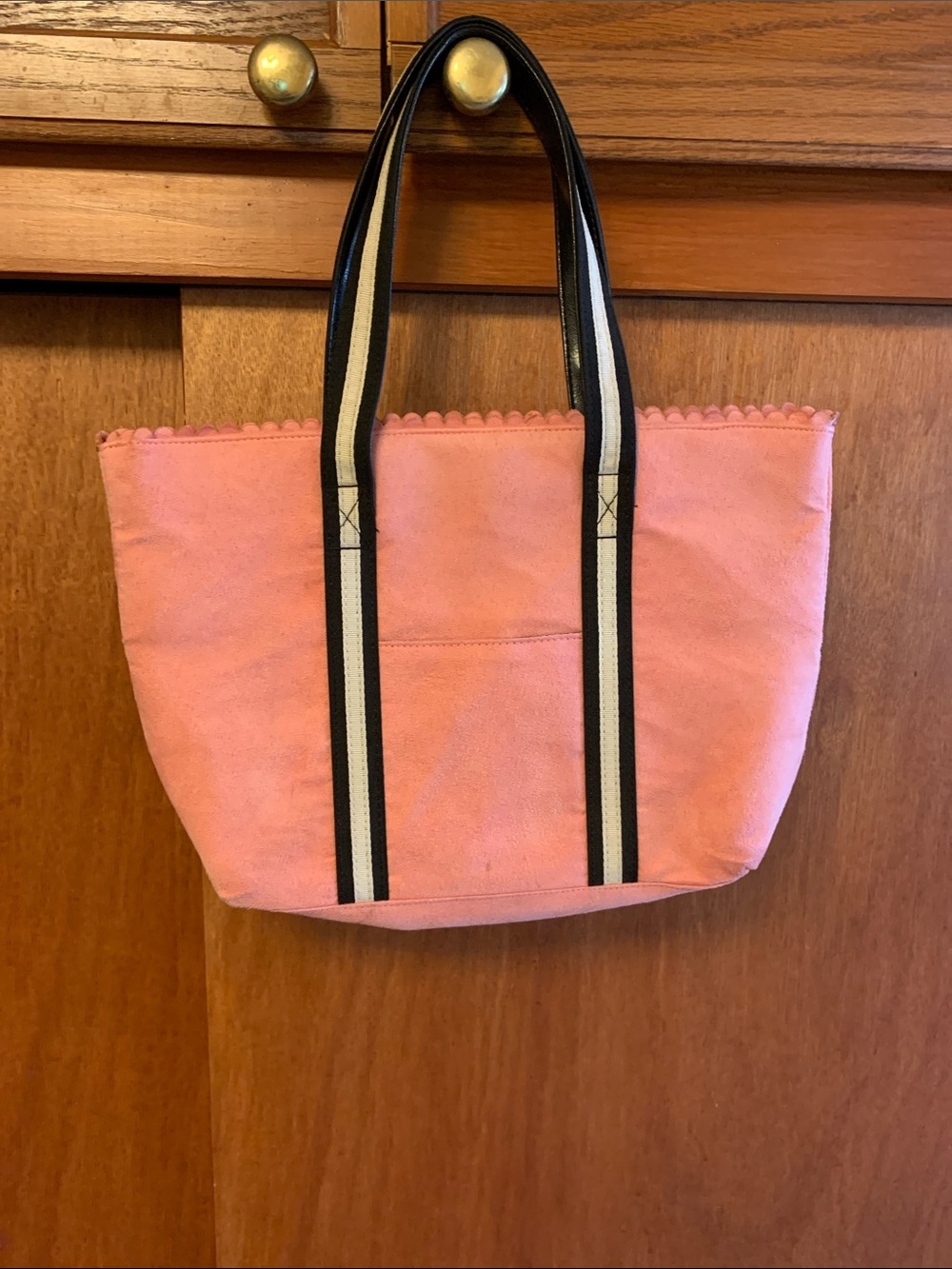 Victoria's Secret Pink Suede Tote with Black-and-White Striped Handles